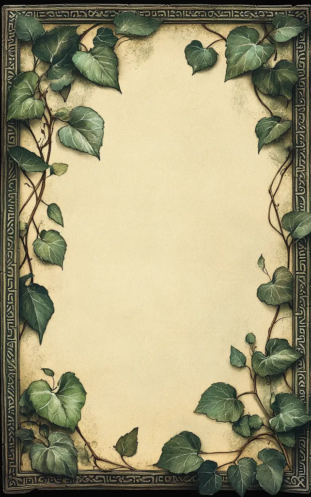 A beige rectangular background is framed by a dark green border with an ornate design.  Intricate ivy vines with lush green leaves gracefully climb and curl around the frame, creating a natural, elegant border.  The image evokes a sense of vintage charm and tranquility.  The blank space within the frame suggests potential for text or an image.