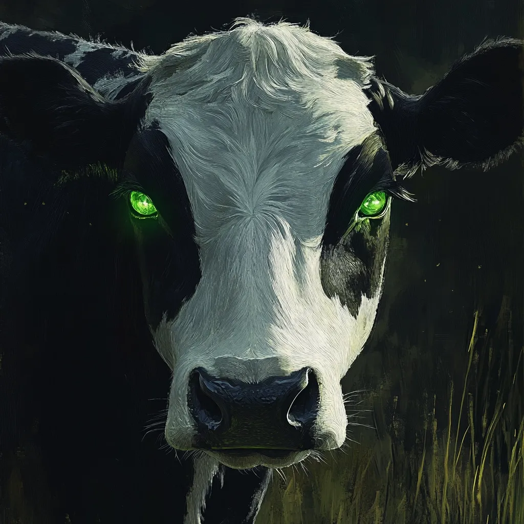 A close-up painting of a cow's face, rendered in a painterly style with visible brushstrokes.  The cow is predominantly black and white, with striking, glowing green eyes. The dark background contrasts with the cow's light-colored face, creating a dramatic effect. The overall mood is mysterious and slightly unsettling due to the cow's intense gaze.