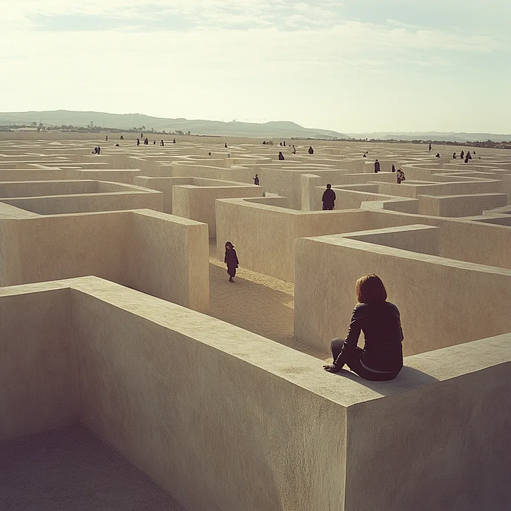 A vast, beige labyrinth stretches across a sun-drenched landscape.  Small figures navigate the maze's intricate pathways.  A lone woman sits perched atop a high wall, observing the scene from a contemplative distance. The overall impression is one of solitude and scale, the human figures dwarfed by the expansive architecture of the maze.  The setting suggests a remote, perhaps desert-like, location.