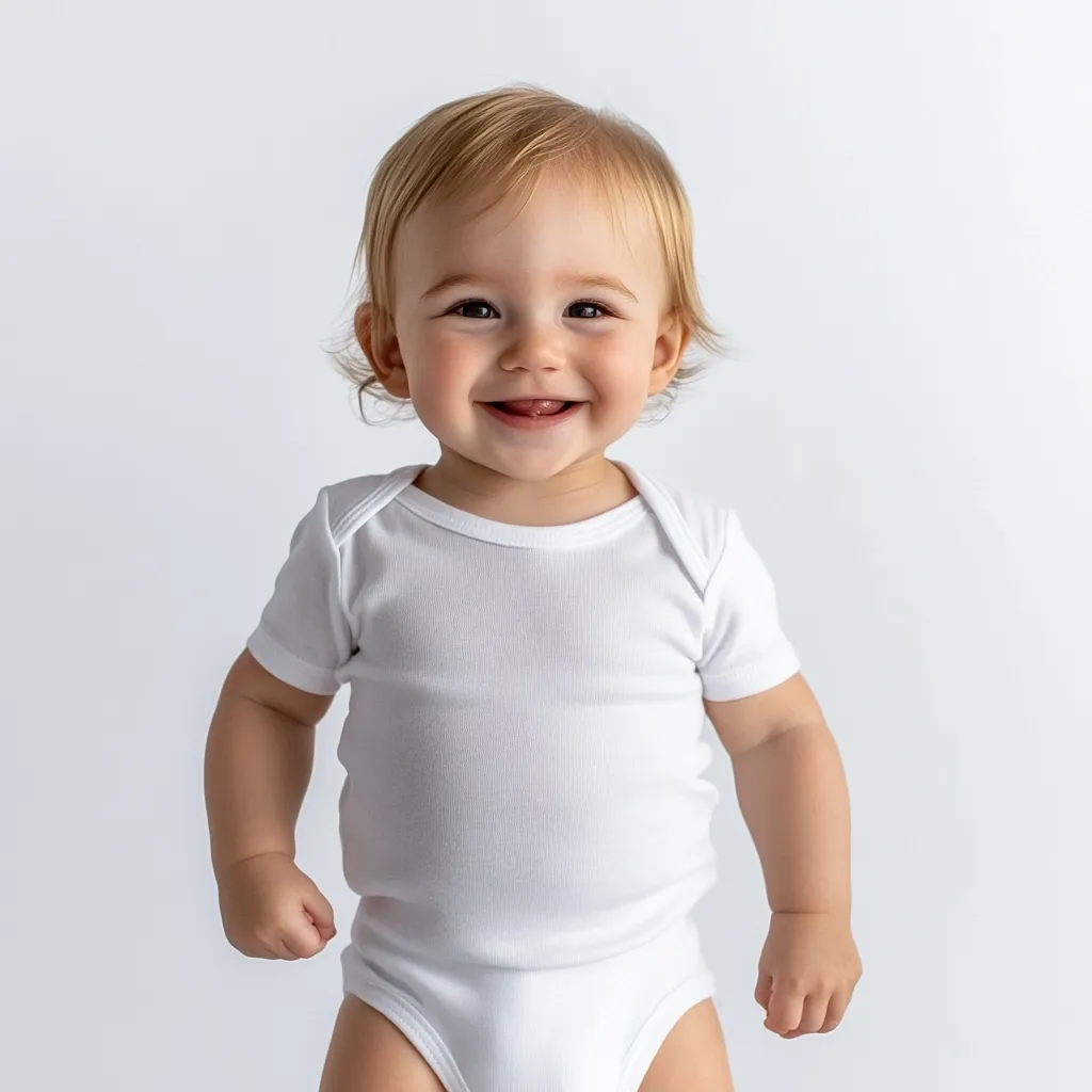 A cheerful baby, with light blonde hair, smiles at the camera.  The baby is wearing a simple, white short-sleeved bodysuit. The background is a plain white, focusing attention on the baby's expressive face and joyful demeanor. The image is bright and clean.