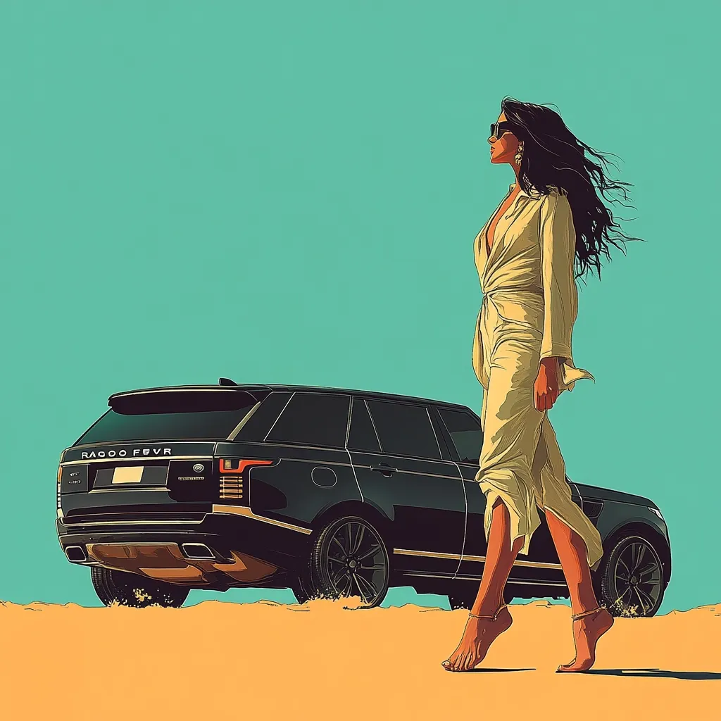 A stylized illustration depicts a woman with long dark hair, sunglasses, and a flowing light beige jumpsuit walking barefoot on a sandy beach.  Behind her, a black Range Rover SUV sits partially submerged in the sand. The background is a solid teal, creating a vibrant contrast with the warm tones of the foreground. The overall style is graphic and reminiscent of vintage travel posters.