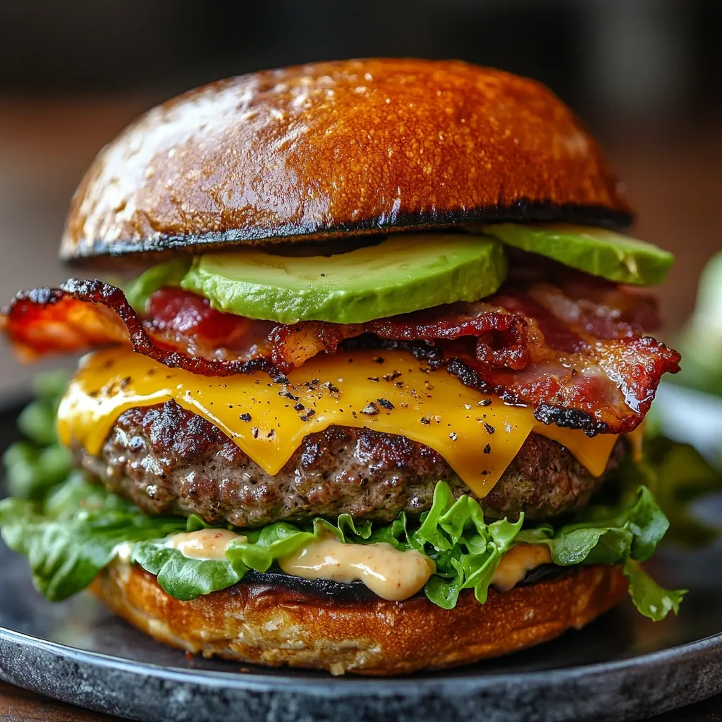 A juicy gourmet burger is shown close-up.  It features a toasted brioche bun, a perfectly cooked beef patty, melted cheddar cheese, crispy bacon, fresh avocado slices, lettuce, and a creamy sauce. The burger is presented on a dark gray plate, highlighting its delicious ingredients.  The image emphasizes texture and appetizing visuals.