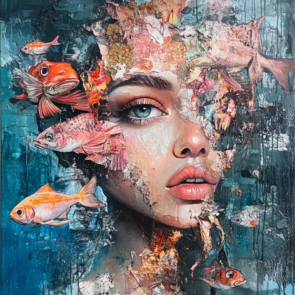 A captivating portrait blends a woman's face with aquatic elements.  Her features are realistically rendered, yet parts of her face appear fragmented, merging with textured, colorful fish and ocean-like hues.  The overall effect is surreal and dreamlike, suggesting a connection between human emotion and the underwater world.  Vibrant orange and pink fish swim amidst a backdrop of teal and gold, creating a striking visual contrast.