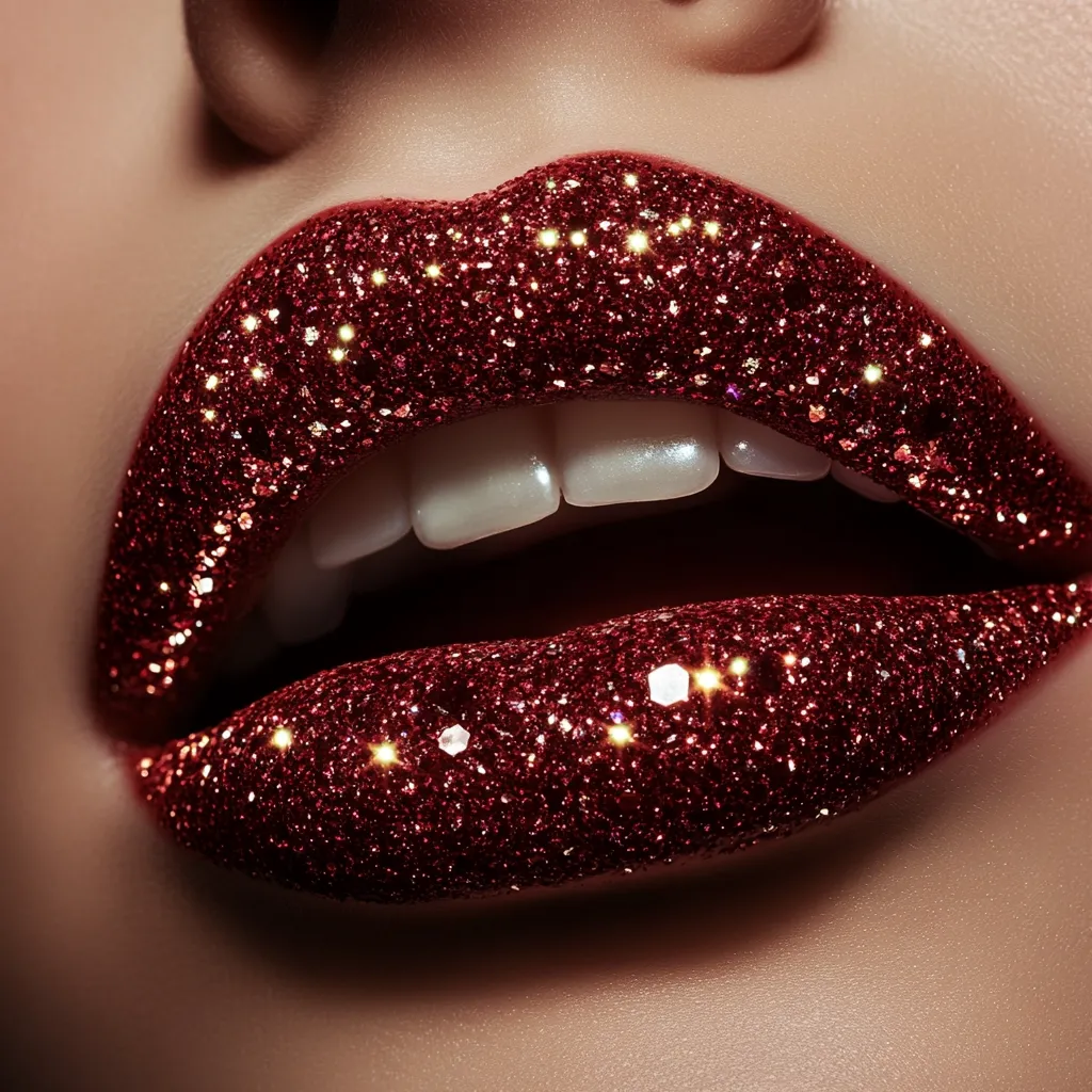 Close-up of a woman's mouth showcasing a bold makeup look.  Her lips are coated in a rich, dark red glitter lipstick, creating a glamorous and sparkling effect. The glitter catches the light, highlighting the texture and color.  The full lips and even application create a striking, luxurious aesthetic.