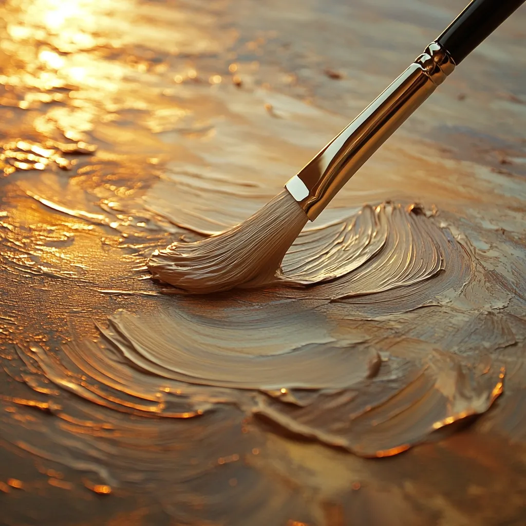A paintbrush glides across a canvas, leaving behind thick, textured strokes of golden-brown paint.  The light catches the wet paint, creating a shimmering effect. The scene evokes a feeling of warmth and artistic creation, capturing the moment of artistic expression. The rich color and texture are emphasized by the golden hues.