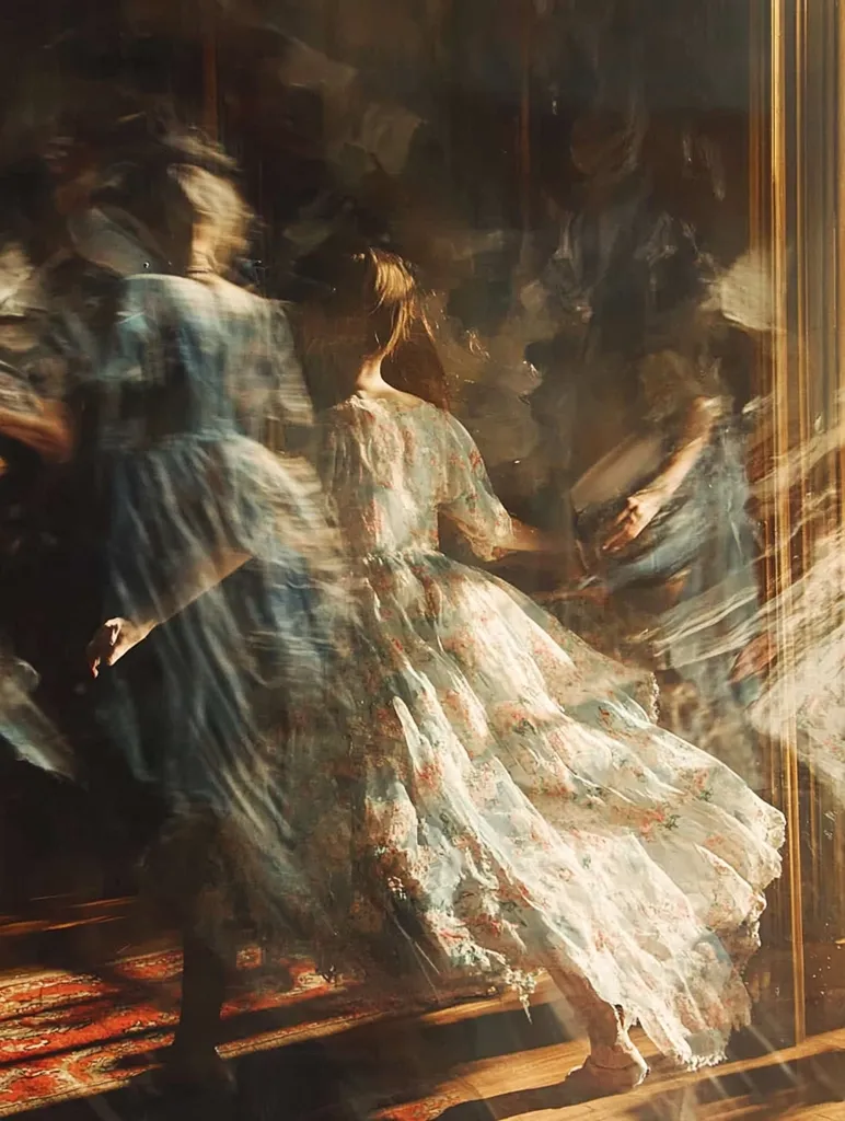 A young woman in a flowing floral dress twirls in a dimly lit room, her movement blurred.  Surrounding her are ghostly figures, their forms indistinct, creating a dreamy, ethereal atmosphere.  The scene is reminiscent of a painting, with warm lighting highlighting the dress and the rich colors of an oriental rug on the floor.  The overall effect is one of graceful motion and otherworldly beauty.