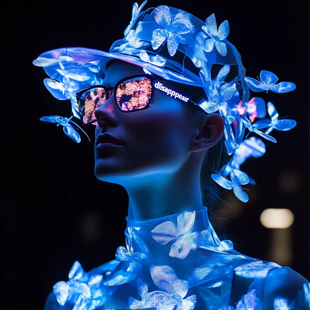 A woman is shown wearing a futuristic outfit illuminated in blue light.  Her cap and clothing are adorned with glowing floral and butterfly motifs.  The glasses she wears display the word "disappear" and feature a grid of small, bright lights.  The overall effect is one of otherworldly elegance and technological sophistication.