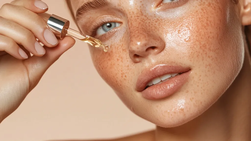 Close-up of a woman with freckles applying facial oil using a glass dropper.  Her skin appears radiant and healthy.  The image focuses on the application process, highlighting the texture of the oil and the woman's complexion. The overall tone is soft and natural.