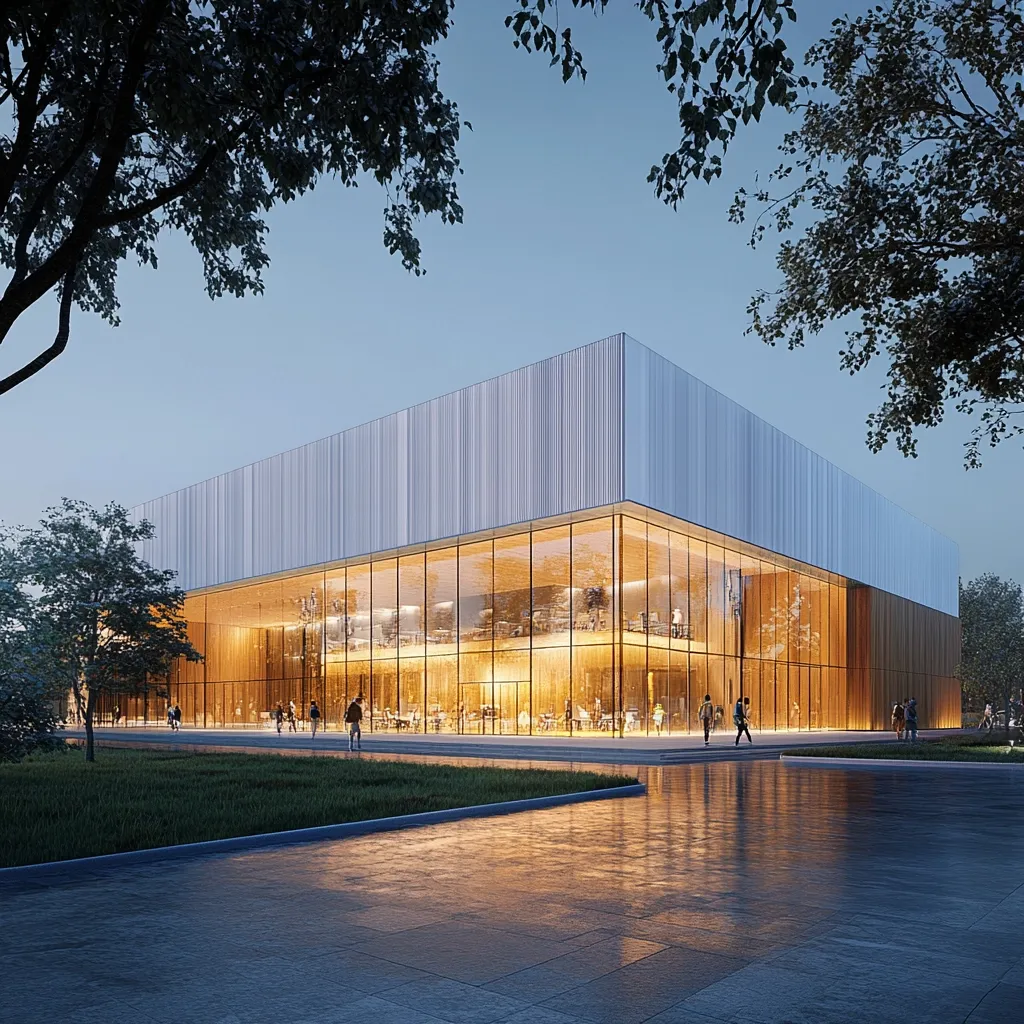 A modern, rectangular building with a light gray metal facade and large glass windows illuminates warmly at dusk.  The interior is visible, showing an open, spacious area possibly a community center or hall.  People are seen walking around outside and inside the structure, which is situated in a landscaped area with trees and grass. The building's clean lines and reflective surfaces create a sleek and contemporary aesthetic.