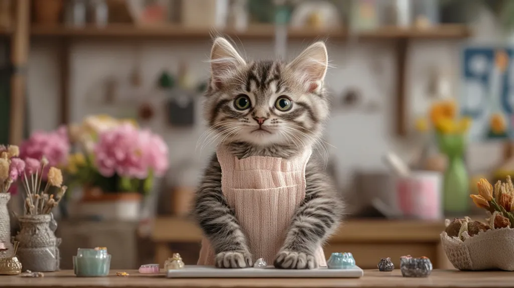 A fluffy gray kitten, wearing a tiny pink apron, sits attentively at a miniature table.  Small decorative items are arranged around it, creating a charming scene in a blurred background of a cozy, rustic room with flowers and shelves. The kitten's large eyes and serious expression add to the image's endearing quality.