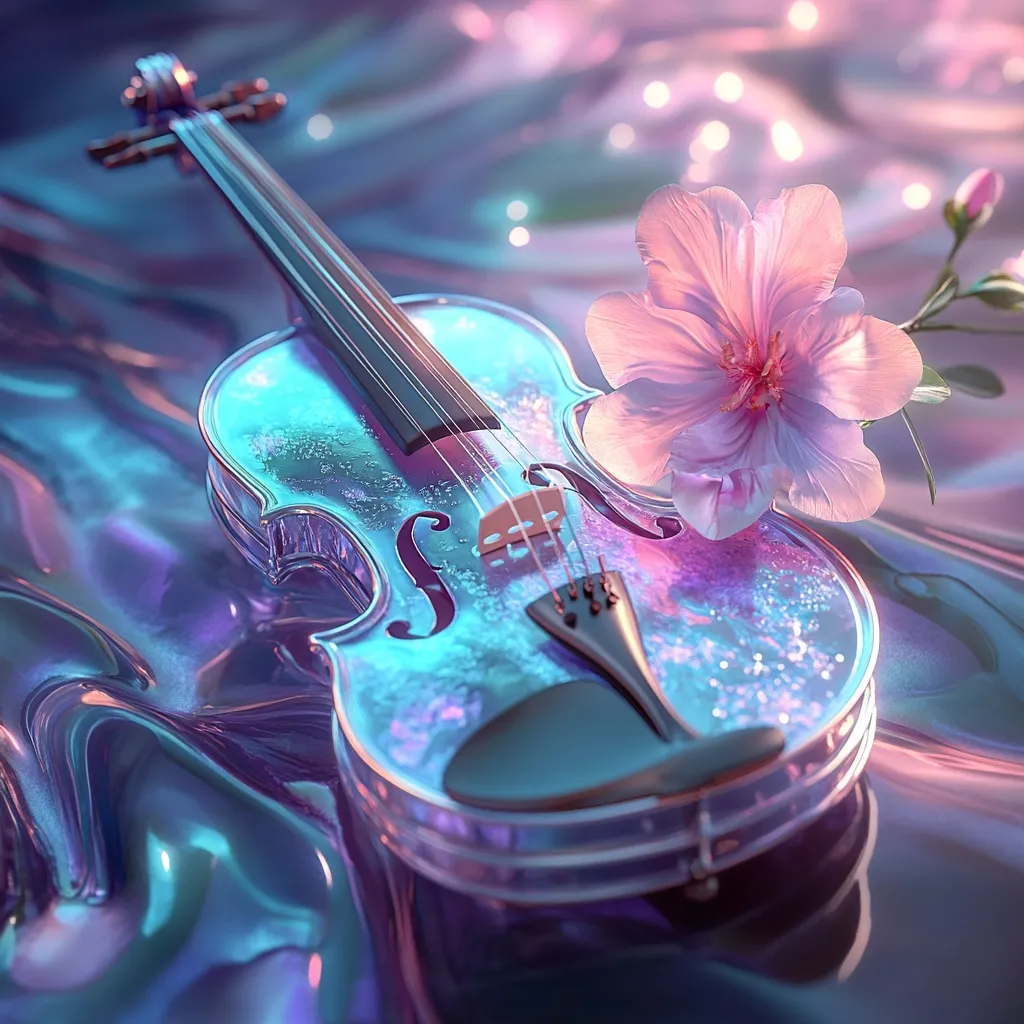 A translucent, iridescent violin rests on a shimmering, pearlescent surface.  A delicate pink flower, possibly a hibiscus, is artfully placed on the violin's body.  The scene is dreamlike and ethereal, with soft lighting and a pastel color palette. The overall aesthetic is whimsical and romantic, blending musical instrument and floral elements.