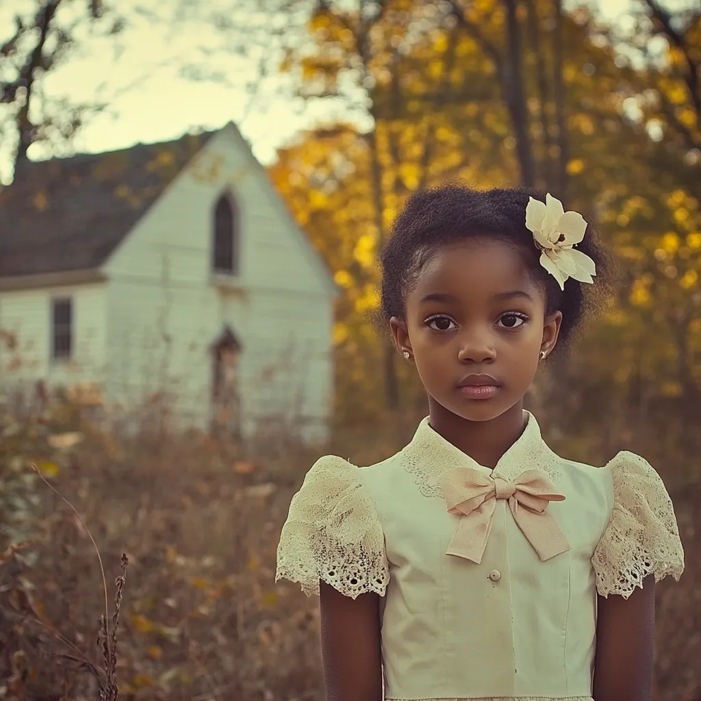 A young Black girl, adorned in a delicate off-white lace dress and a white flower in her hair, stands with a serious expression.  She is positioned in the foreground, with a weathered white house blurred in the background.  Autumnal colors of yellow and brown fill the surrounding landscape, creating a nostalgic and slightly melancholic mood.