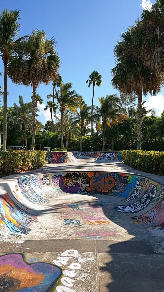 A vibrant skate park nestled amongst lush tropical foliage.  Under a clear blue sky, tall palm trees surround the concrete skate bowls, which are heavily adorned with colorful graffiti art.  The scene evokes a sunny, carefree atmosphere, perfect for skateboarding enthusiasts. The park offers a blend of nature and urban art.