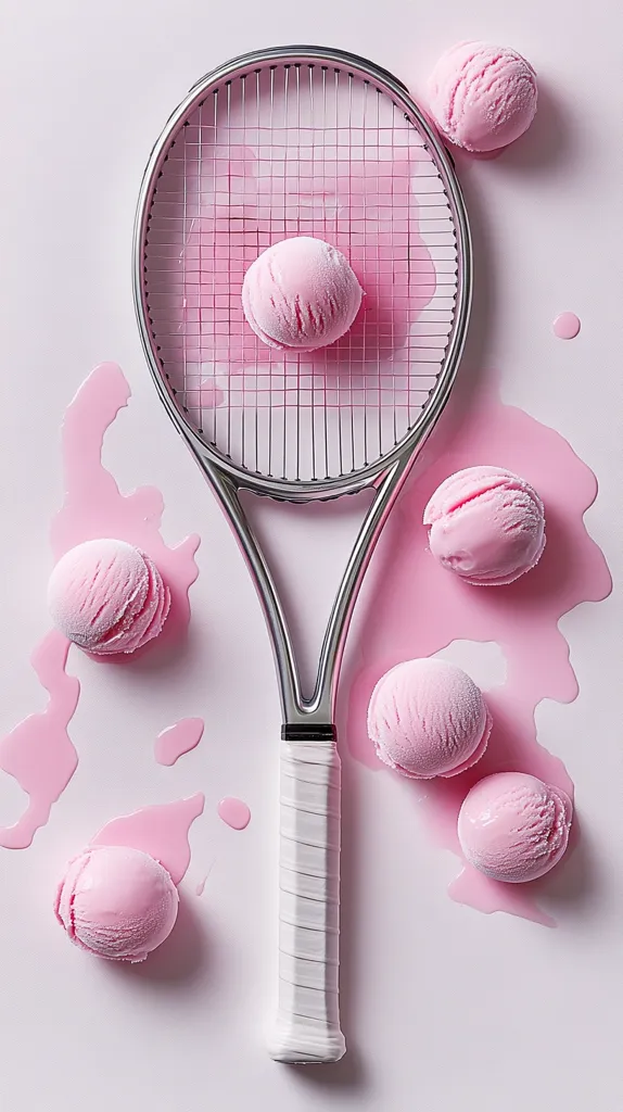 A tennis racket rests on a pink background, splattered with melted pink ice cream.  Several scoops of the same ice cream are scattered around the racket, some resting on the strings.  The scene is bright, playful, and suggests a summery, sweet treat.  The contrast between the cool metal of the racket and the soft, pink ice cream creates a visually appealing image.