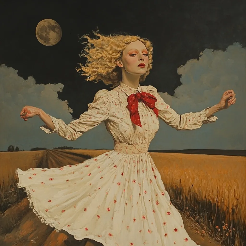 A blonde woman in a flowing white dress with red floral accents and a red bow runs through a golden wheat field under a large, full moon.  Her hair blows in the wind, arms outstretched. The scene is painted in a realistic style with a melancholic, dreamlike quality. The dark night sky contrasts with the warm tones of the earth and the woman's dress.
