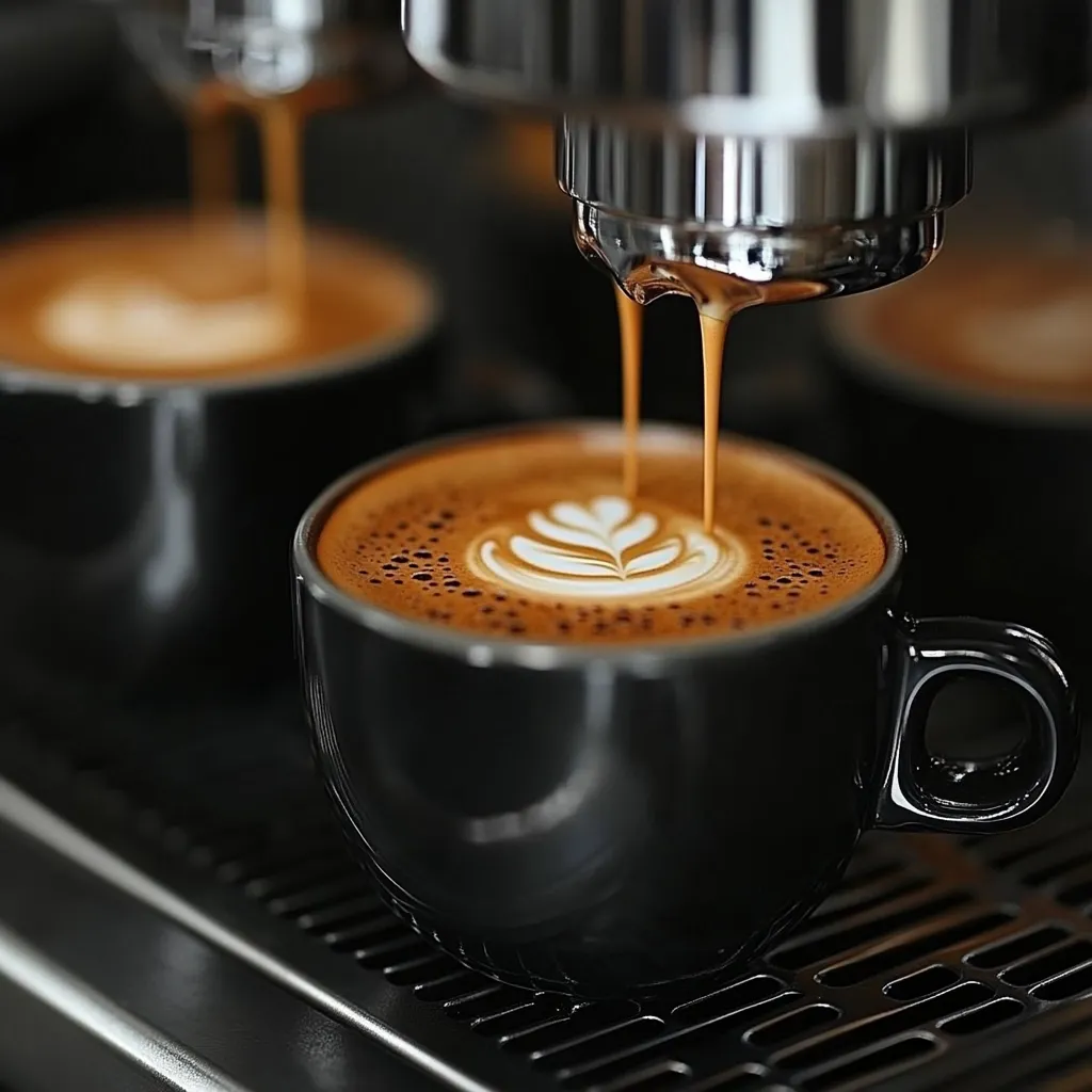 A close-up shot shows espresso pouring into a dark-colored cup, creating latte art.  The coffee machine is visible in the background, with other cups of coffee already prepared.  The focus is on the rich, brown crema and the delicate leaf design atop the espresso. The scene exudes warmth and the aroma of freshly brewed coffee.