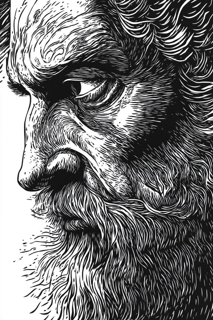 A black and white woodcut-style illustration depicts the profile of an elderly man with a long, flowing beard.  Intricate detail showcases the texture of his skin and hair, with deep lines emphasizing wrinkles and the strands of his beard.  His gaze is directed downward, conveying a sense of contemplation or weariness. The style is reminiscent of classical portraiture, rendered with a modern, graphic approach.