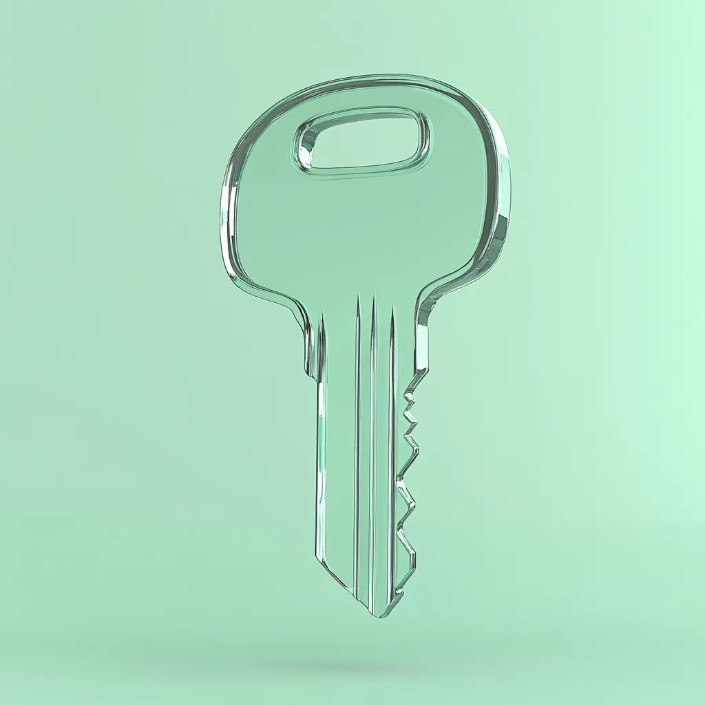 A transparent glass key is shown against a pale green background.  The key is rendered in a realistic 3D style, showcasing its detailed shape and serrated edge. The image has a minimalist aesthetic, highlighting the key's form and suggesting concepts of access, security, or solutions.  The light reflects subtly on the glass surface.