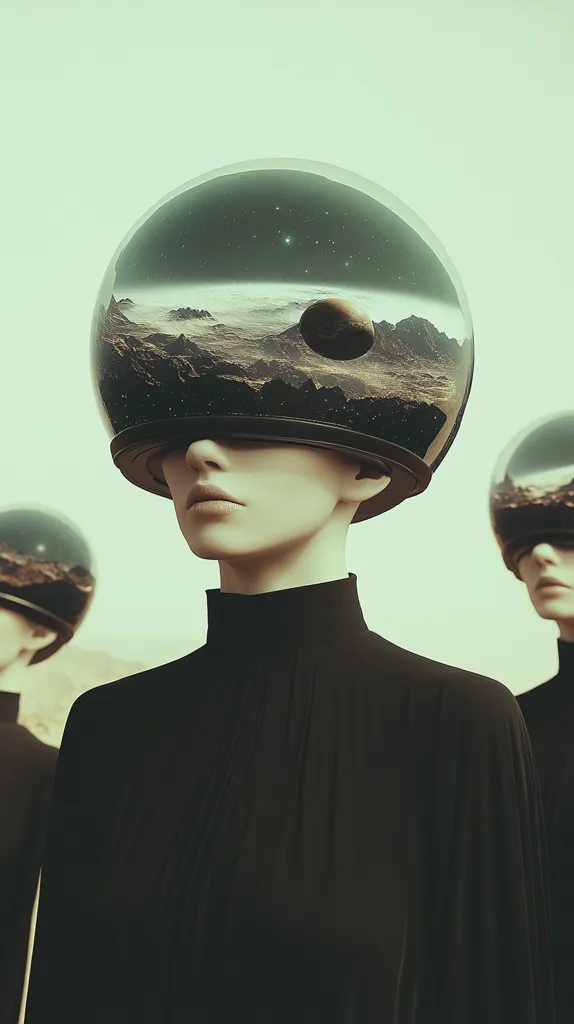 A central figure, clad in black, dons a helmet reflecting a cosmic landscape.  The helmet's spherical surface displays a distant planet and starry expanse.  Two additional figures, similarly attired and helmeted, are partially visible in the background, creating a surreal and enigmatic scene suggestive of space exploration or a futuristic world. The muted color palette enhances the mysterious atmosphere.