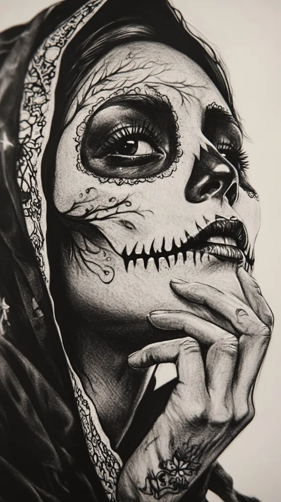 A black and white drawing depicts a woman with a sugar skull makeup design. She is wearing a hooded cloak with lace detailing. Her hand is gently resting on her chin, her gaze directed upward. The detailed shading and intricate skull design create a dramatic and evocative image, reminiscent of Día de Muertos aesthetics. The artwork showcases exceptional skill in capturing texture and expression.