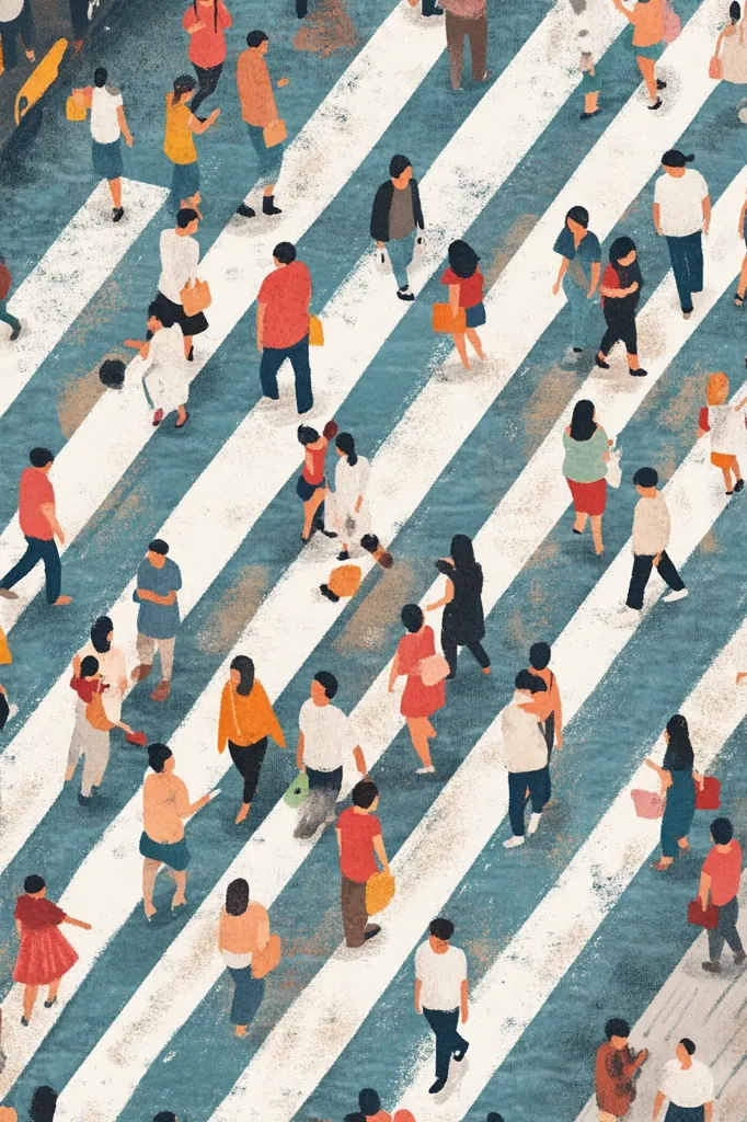 A bird's-eye view illustration depicts numerous people traversing a pedestrian crossing.  The individuals are rendered in a stylized, slightly textured manner, with diverse clothing and carrying various items. The crossing's diagonal white stripes contrast against a textured blue-grey background, creating a dynamic composition. The scene suggests a bustling urban environment, emphasizing the flow of pedestrian traffic.