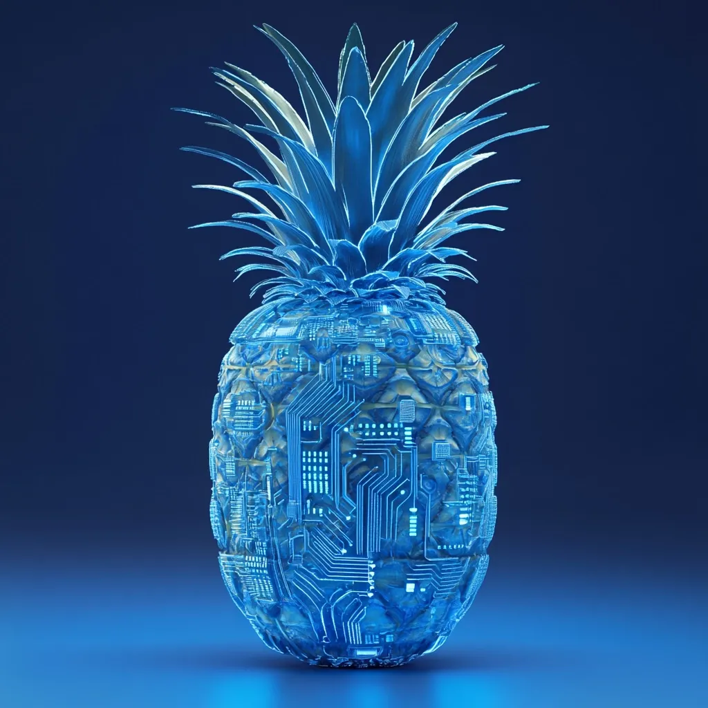 A 3D rendering depicts a pineapple with a glowing blue circuit board pattern embedded within its skin.  The pineapple's leaves also glow with the same blue light, creating a futuristic, almost bioluminescent effect.  The image is set against a dark blue background, highlighting the pineapple's intricate design.  The contrast between the natural form of the pineapple and the technological overlay suggests a concept of merging nature and technology.