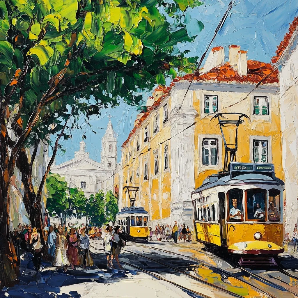 A vibrant oil painting depicts a sunny Lisbon street scene.  Two bright yellow trams travel along tram tracks, past pedestrians strolling under a lush green tree.  Tall, pale yellow buildings line the street, with a church spire visible in the background. The artist uses thick, textured brushstrokes, creating a lively and impressionistic style. The overall mood is cheerful and evocative of a warm, bustling city.