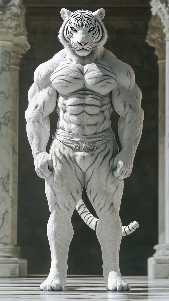A highly muscular, anthropomorphic white tiger stands majestically in a classical setting.  Its powerful physique is accentuated by the light illuminating its fur. The tiger wears a simple, ornate belt.  The background features architectural details suggesting a temple or grand hall.  The overall image presents a striking contrast between the powerful animal and the serene environment.