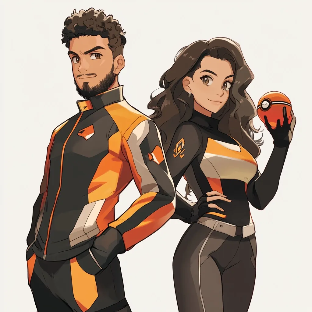 An illustration showcases a male and female Pokémon trainer duo.  The man, with dark curly hair and a beard, wears a stylish black and orange jacket. The woman, with long brown hair, sports a form-fitting black and orange outfit. She holds a Poké Ball.  Both trainers exude confidence and preparedness, their attire suggesting a coordinated team aesthetic.  The art style is clean and modern, with a focus on character design and detail.