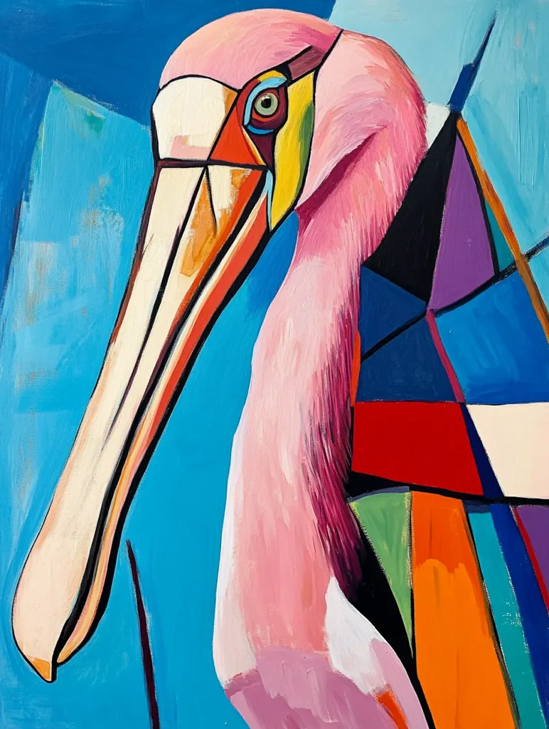 A vibrant, stylized painting of a roseate spoonbill dominates the canvas.  The bird's long beak and pink plumage are rendered in bold, geometric shapes and contrasting colors against a bright turquoise background.  The artist employs a Cubist-inspired approach, fragmenting the form and incorporating sharp lines and blocks of color, creating a dynamic and modern interpretation of the avian subject.