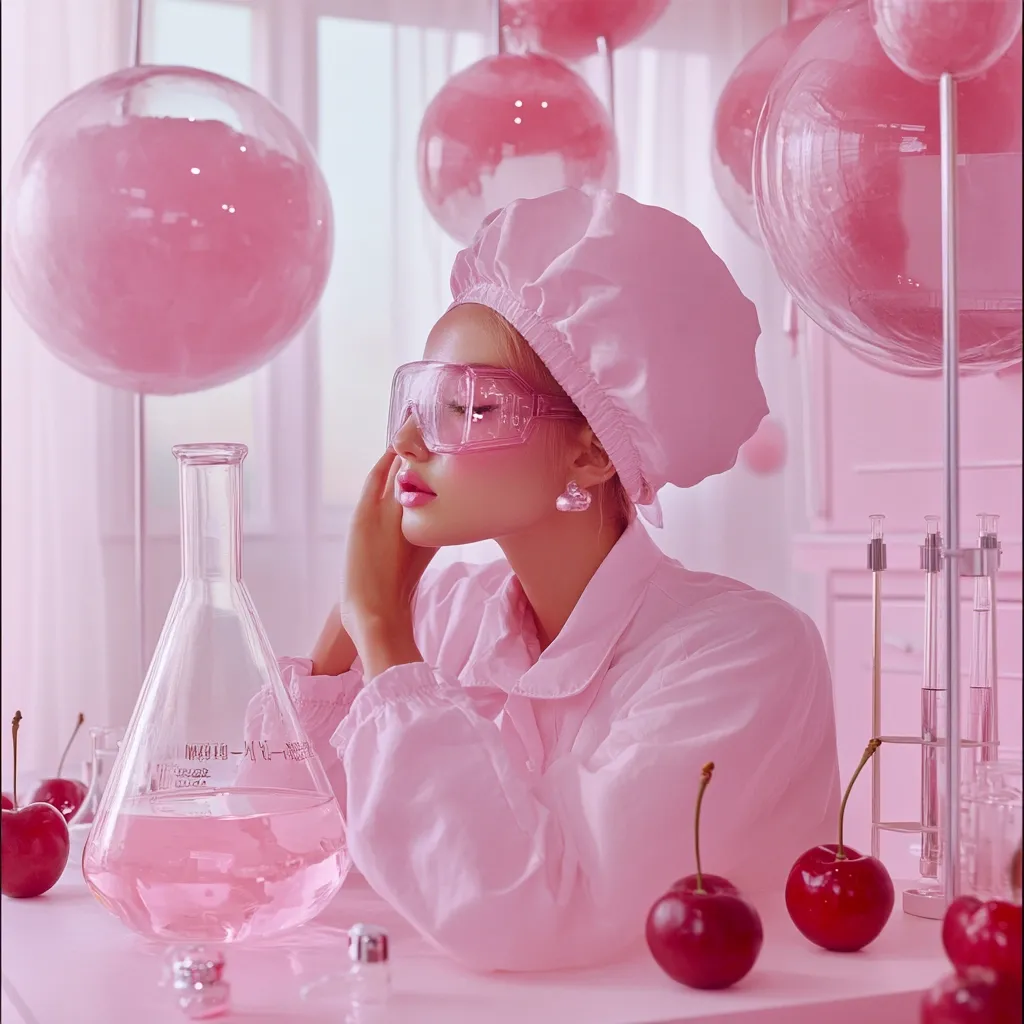 A young woman in a pink lab coat and shower cap sits at a pink lab table. She wears pink safety glasses and rests her hand on her cheek.  A large pink Erlenmeyer flask filled with pink liquid sits before her.  Pink balloons and test tubes create a whimsical, candy-like laboratory setting. Cherries are scattered on the table. The overall aesthetic is pastel and playful.