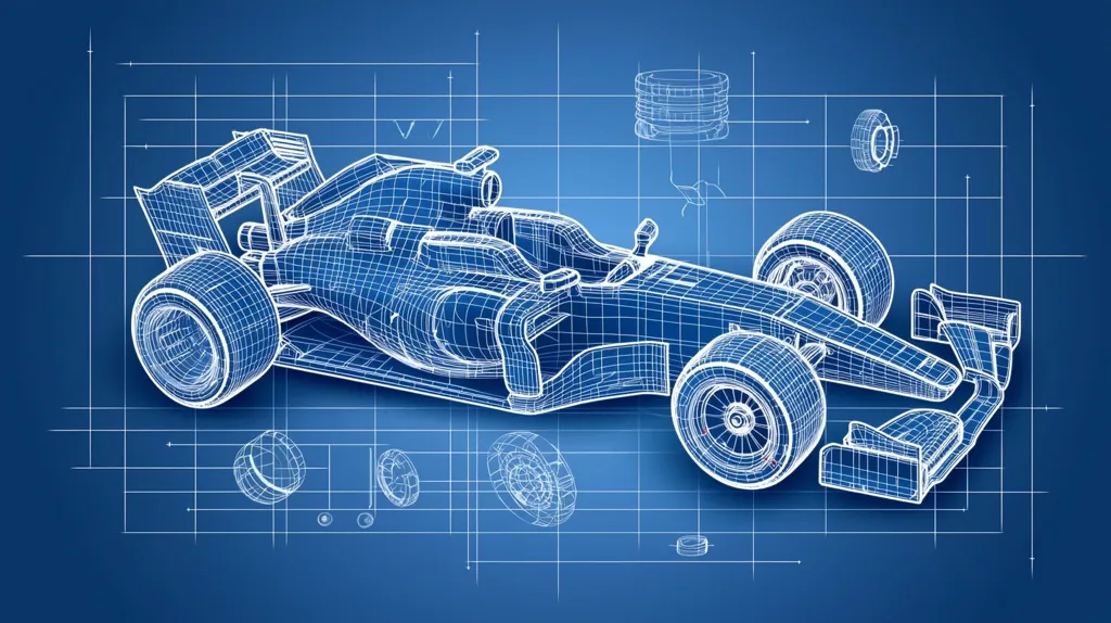 A wireframe rendering of a Formula 1 race car is displayed against a blueprint background.  The detailed model showcases the car's intricate design, with various components and parts highlighted. The blueprint style emphasizes the engineering and technical aspects of the vehicle's construction.  Smaller diagrams of individual parts are scattered around the main image, further emphasizing the design process.  The overall color scheme is a professional blue.