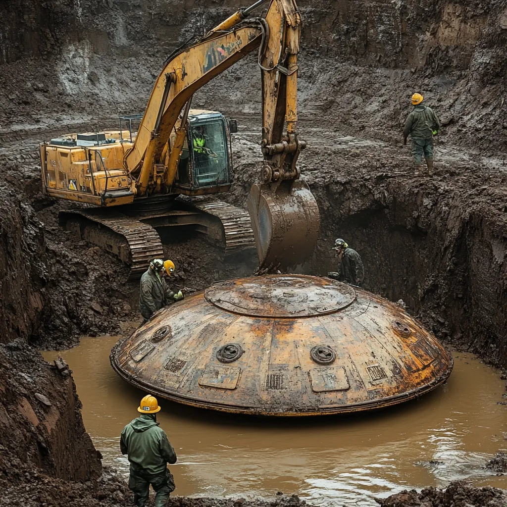 A large yellow excavator works at an excavation site, uncovering a massive, rusty, dome-shaped object submerged in muddy water.  Several workers in hard hats are visible around the object and the machinery. The scene is muddy and appears to be a challenging recovery operation.  The object's age and purpose are unclear, adding to the intrigue of the scene.
