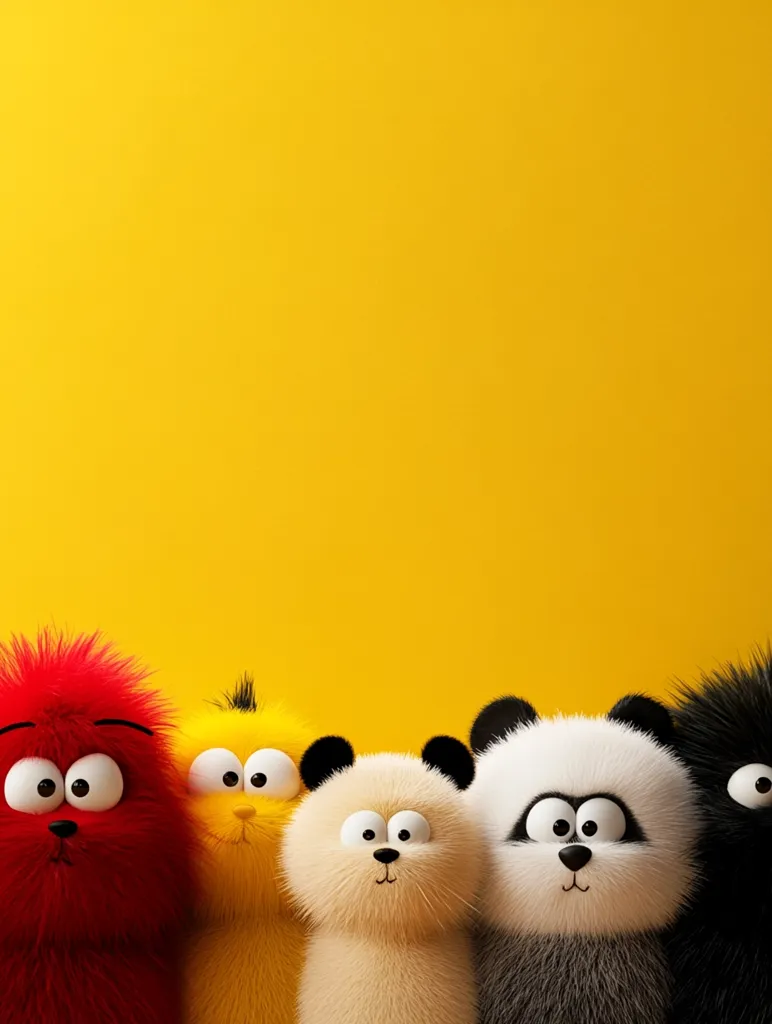 Against a vibrant yellow background, five fluffy cartoon creatures stand side-by-side.  They feature oversized eyes and expressive faces. The group includes a red, a yellow, a tan, a panda, and a black character, each with a unique, playful personality.  Their furry texture and large eyes create a charming and whimsical scene.