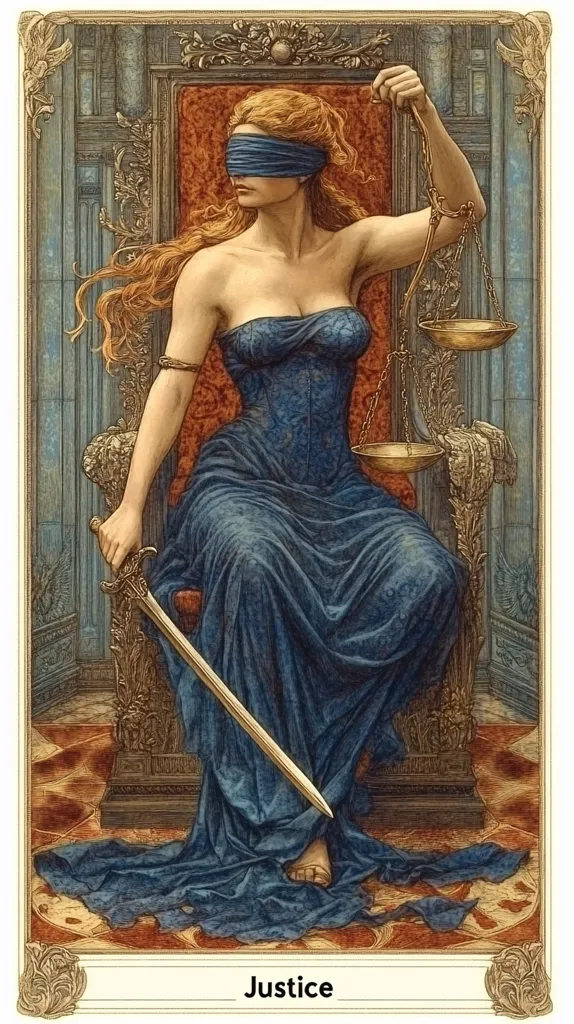 A regal woman, blindfolded and seated on an ornate throne, embodies Justice.  She holds a sword, symbolizing strength and judgment, and scales, representing balance and fairness. Her flowing blue gown and the rich details of her surroundings enhance the image's majestic and powerful atmosphere. The title "Justice" is displayed at the bottom.