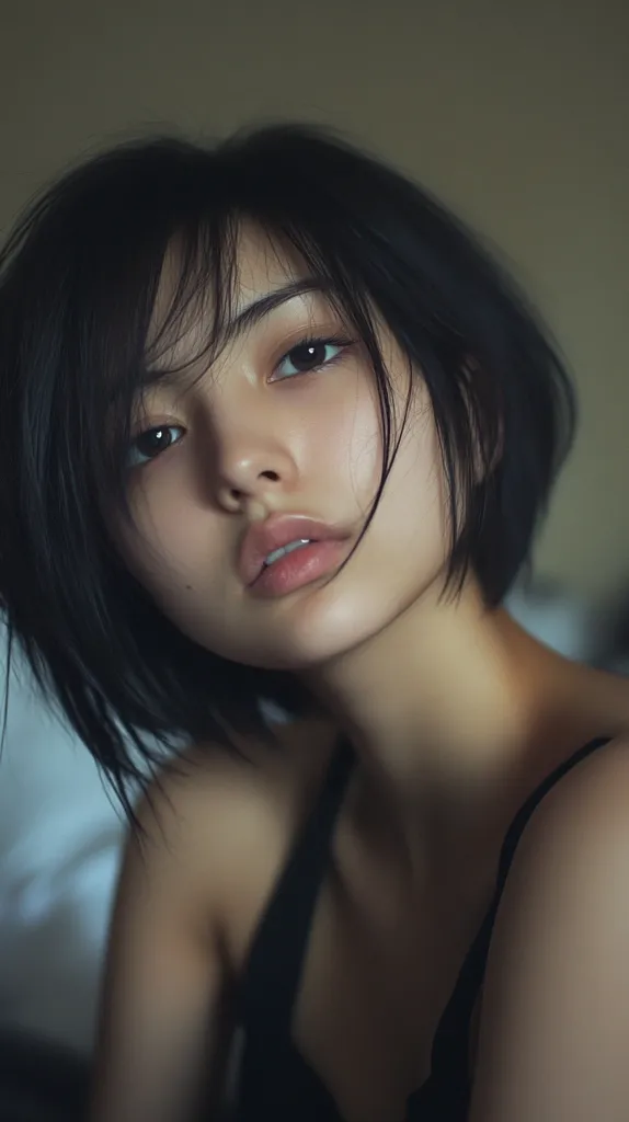 Close-up portrait of a young woman with short, dark hair.  She has delicate features, including dark eyes and full lips. Her expression is soft and slightly pensive.  She's wearing a dark-colored, possibly black, camisole. The lighting is moody and creates a soft, intimate atmosphere.  The overall style is artistic and evocative.