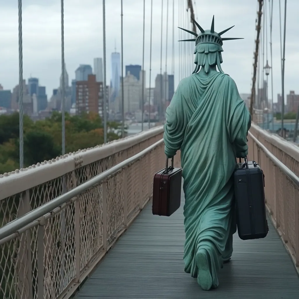 A statue resembling the Statue of Liberty walks away from the camera on a bridge.  The figure carries two suitcases, one brown and one black.  The backdrop features the New York City skyline, a hazy cityscape visible in the distance. The overall mood is somber and slightly surreal.