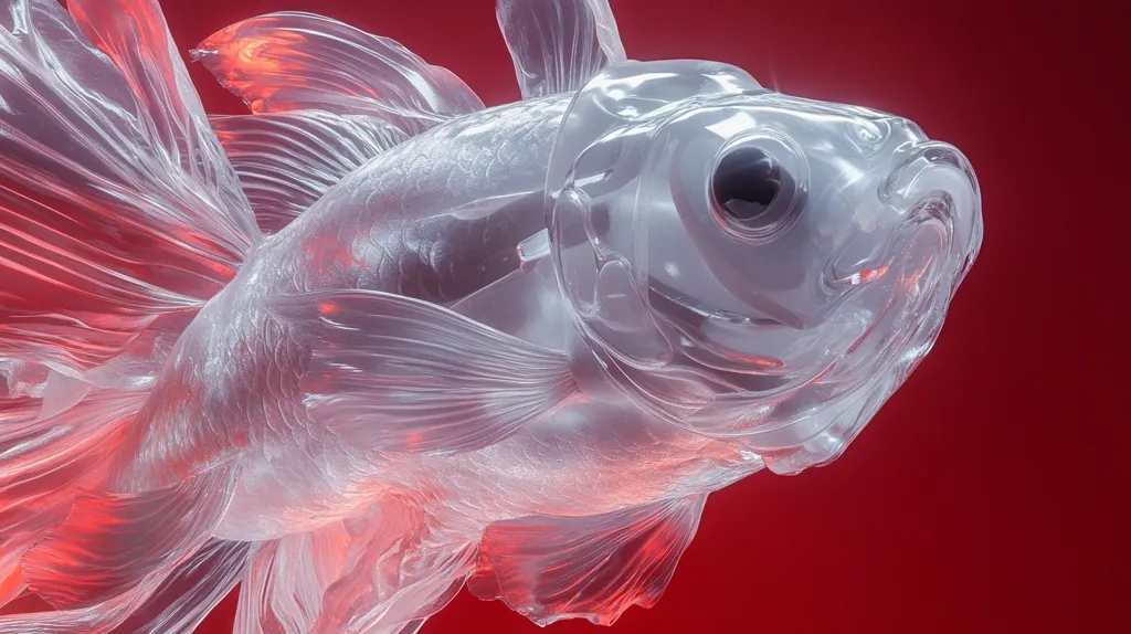 A translucent, glass-like goldfish is depicted against a deep red backdrop.  Its fins are long and flowing, almost ethereal in appearance. The fish's body is intricately detailed, showcasing a delicate, almost skeletal structure. Light seems to pass through the fish, creating a soft, glowing effect. The overall image is artistic and surreal.