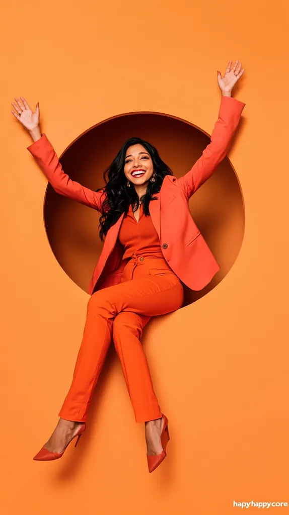 A woman in a vibrant orange pantsuit sits joyfully within a circular cutout in an orange wall.  Her arms are raised, showcasing her cheerful expression and stylish attire.  The monochromatic color scheme creates a bold and energetic image.  The overall mood is playful and confident.
