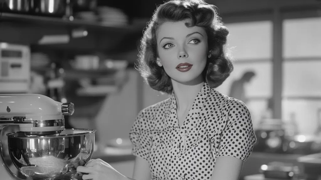 A black and white photo of a woman with 1940s-style hair and makeup, wearing a polka dot dress. She's standing in a kitchen, using a stand mixer. The image evokes a sense of domesticity and nostalgia for a bygone era.  Her expression is thoughtful and slightly wistful. The scene is sharply focused on her, while the background is softly blurred.