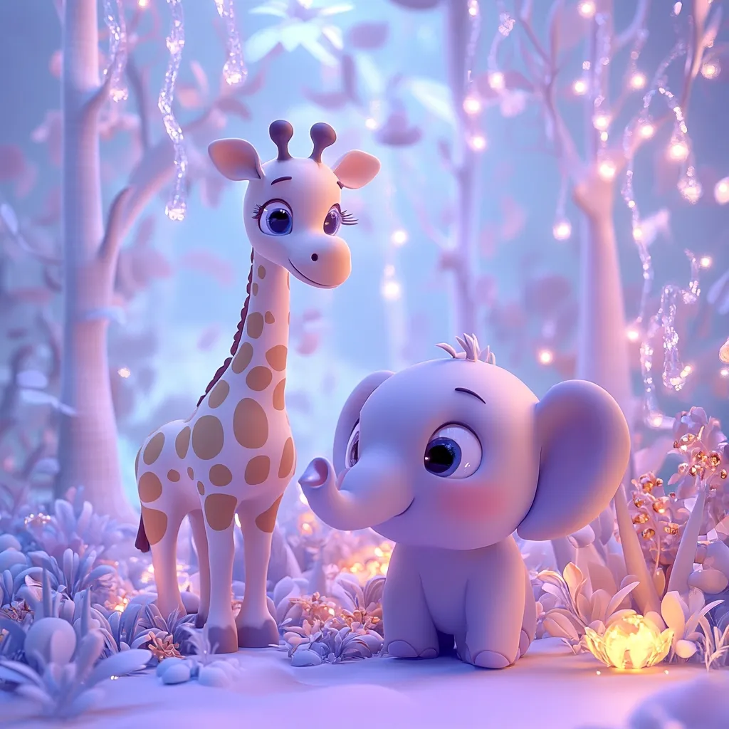 An adorable cartoon giraffe and elephant stand together in a whimsical, enchanted forest.  Soft purple and lavender hues dominate the scene, illuminated by glowing lights strung among the paper-like trees. The animals have large, expressive eyes, creating a sweet and endearing image.  The overall mood is calm and magical, perfect for a children's story or whimsical artwork.
