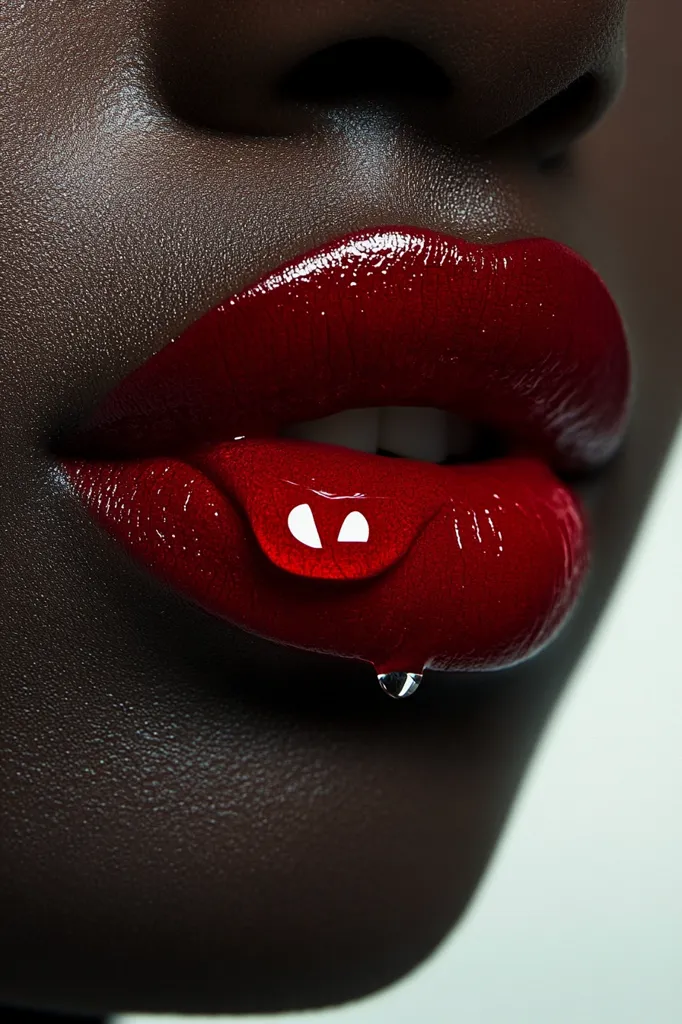 Close-up of a dark-skinned woman's lips.  They are painted a vibrant, glossy red.  A single drop of liquid hangs from her lower lip, reflecting light. The image is highly stylized, focusing on texture and the shine of the lipstick.  The overall effect is dramatic and sensual.
