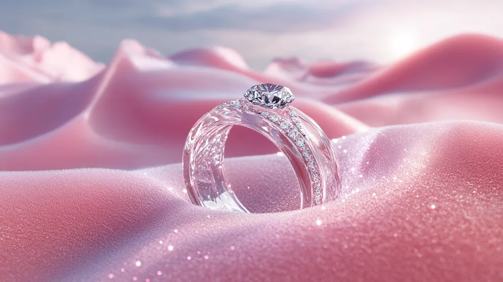 A stunning diamond ring rests on a soft, pink, glittering fabric. The ring features a large, brilliant-cut diamond centerpiece and delicate, sparkling bands.  The soft light and luxurious setting create a romantic and elegant atmosphere, highlighting the exquisite detail of the jewelry.  The image evokes feelings of luxury and romance.