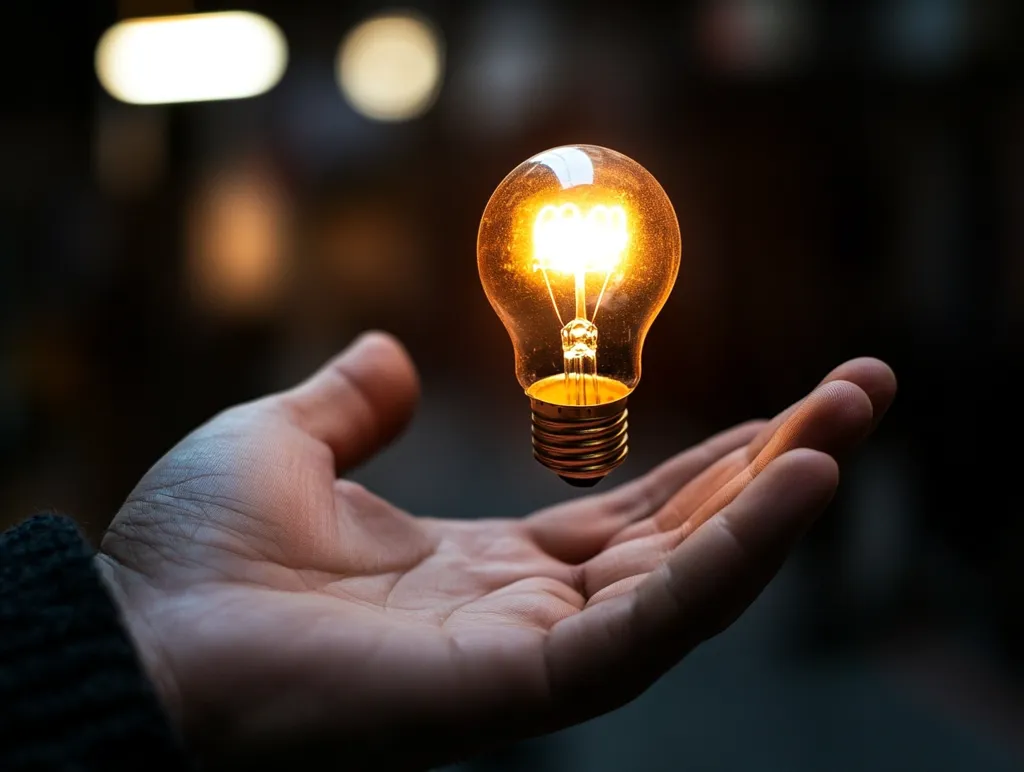 A glowing lightbulb hovers above an outstretched hand, set against a blurred background of city lights.  The warm light of the bulb contrasts with the darkness, symbolizing an idea or inspiration. The image evokes a sense of discovery and potential, suggesting the hand is ready to receive or share the bright idea.  The focus is sharply on the bulb and hand, highlighting their connection.