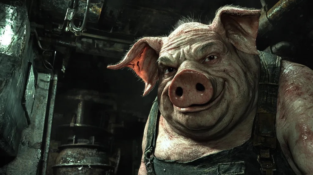 A close-up shot reveals a pig, anthropomorphized with a sly grin, wearing dirty overalls.  The setting appears to be a dark, industrial environment, possibly a factory or underground space, with rusty machinery visible in the background. The pig's expression suggests a mischievous or cunning personality, creating a slightly unsettling yet captivating image.  The lighting is dim and moody, enhancing the overall atmosphere.
