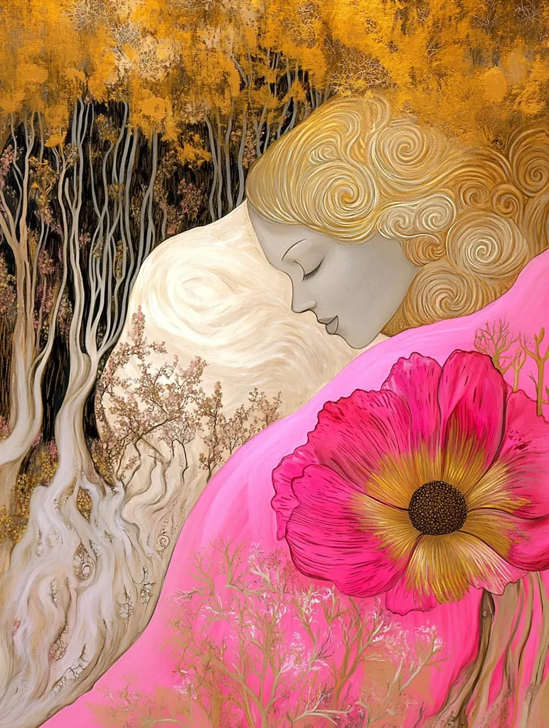 A stylized painting depicts a woman with golden blonde hair resting against a vibrant pink backdrop.  Her head is bowed, eyes closed, suggesting peace. The background features a contrasting scene of a golden autumnal forest, with delicate, light brown trees and muted blossoms. A large, bright pink flower with golden accents is prominently featured in the foreground, adding a splash of bold color to the serene scene.  The overall style is dreamlike and ethereal.