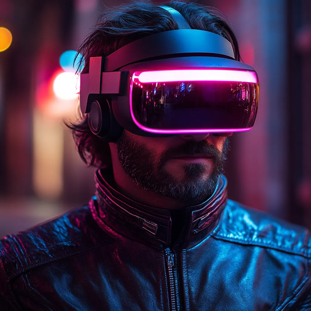 A bearded man, wearing a black leather jacket, stands in a vibrant, neon-lit city street.  He's immersed in a virtual reality experience, his face obscured by a sleek, futuristic VR headset with a glowing pink band. The image evokes a sense of cyberpunk and technological advancement. The blurred city background emphasizes the focus on the man and his technology.