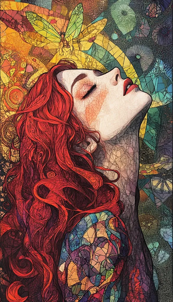 A vibrant, stylized portrait of a woman with flowing red hair.  Her eyes are closed, head tilted back, suggesting serenity or contemplation.  The artistic style resembles stained glass, with a mosaic of colors and intricate lines defining her features and the background.  A large, green moth-like insect is featured above her head, adding to the dreamlike and fantastical quality of the piece. The overall effect is one of beauty and ethereal mystery.