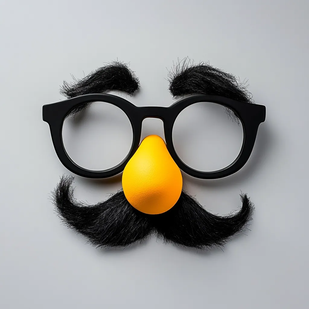 A humorous face is created using party props against a light grey background.  Black plastic eyeglasses sit atop a large black mustache and eyebrows. A bright yellow plastic nose completes the comical disguise, suggesting a playful and lighthearted mood.  The arrangement is simple yet effective in creating a funny and whimsical image.