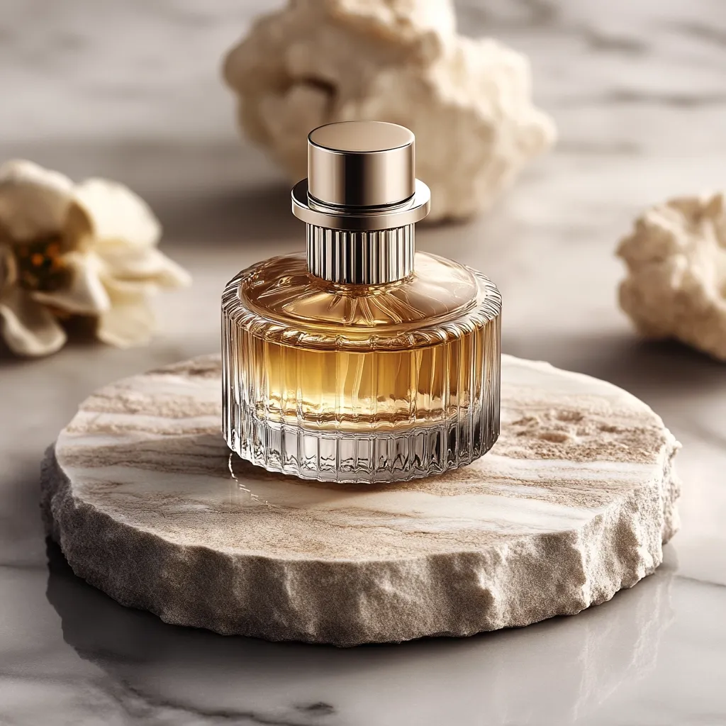 A bottle of amber perfume sits on a circular, rough-hewn stone coaster.  The perfume bottle is elegant, with a clear, ribbed glass body and a gold-toned cap.  The background features soft, out-of-focus beige and white textured elements, creating a luxurious and calming aesthetic.  The overall scene is minimalist and sophisticated.